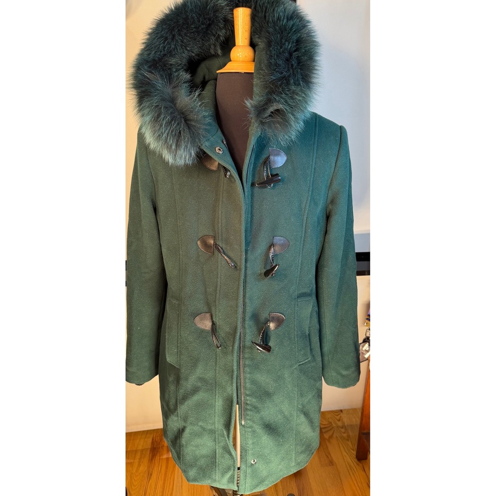 Pendleton Dark Green Wool Toggle Duffle Coat Fox Fur Trim Hood Women's 16
